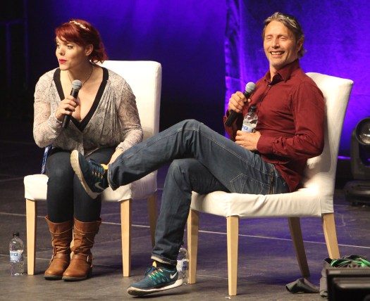 Mads Mikkelsen answers questions as Emily Expo facilitates the event. 